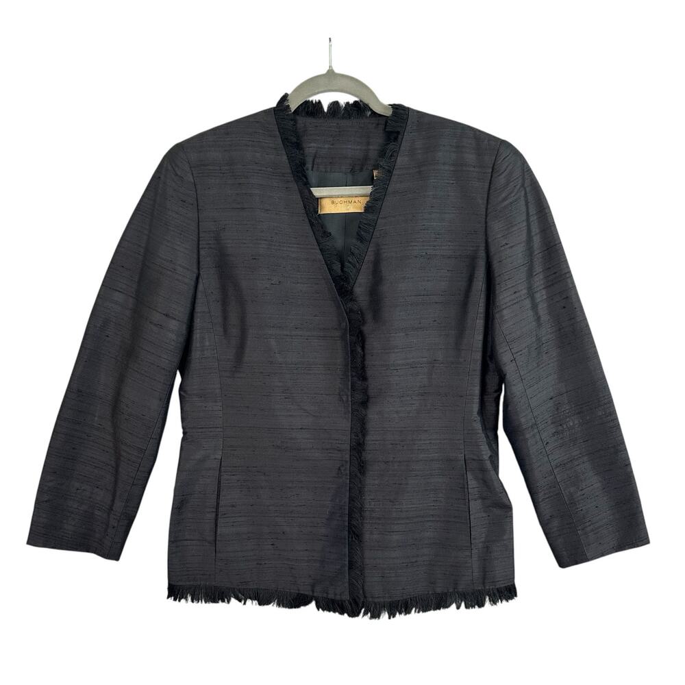Dana Buchman Luxe Silk Blazer Women's Size 8 Black Slub Fringe Classy Old Money